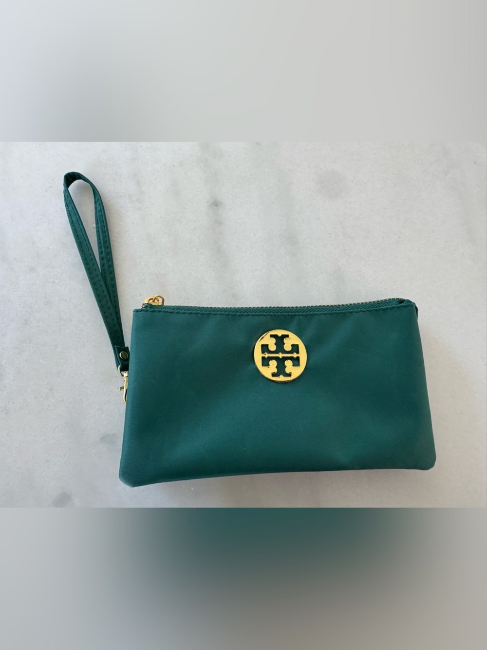 Tory Burch Green Wristlet Pouch with Gold Logo